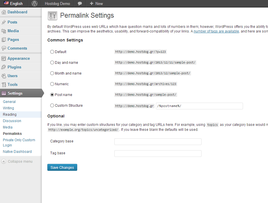 WordPress url structure permalinks settings page
